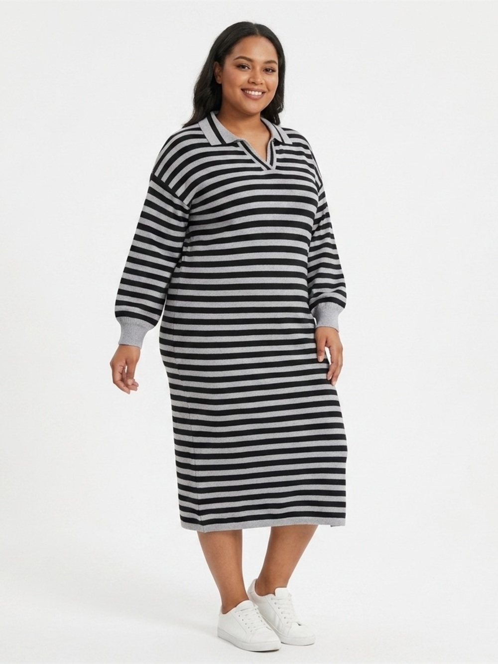 Fashion, Striped Knit Polo Sweater Dress in Black and Gray - L